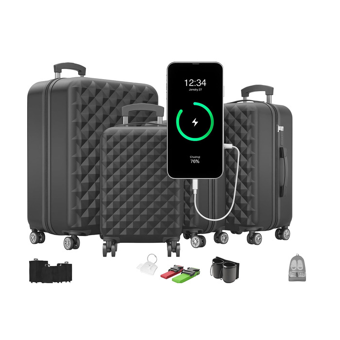 Преміум набір валіз 4 шт. з жорстким корпусом, TSA-замком та USB-портом – Плюс ваги для валіз, ремені, адресники, тримач для напоїв, чохол для взуття, захисні чохли (Чорний)