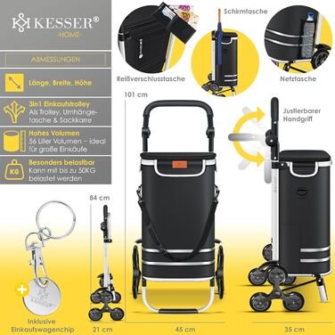 KESSER® Тележка для покупок зі сходами, з термосумкою, 56л, до 50кг | 3в1: тележка, візок, сумка через плече | Чорний