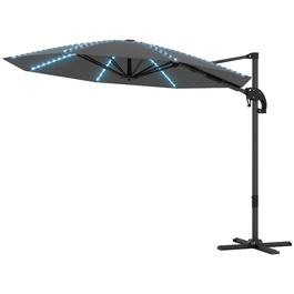 Сонячний парасоль з алюмінію Outsunny з LED-підсвіткою, сонячний, Ø300см, регульована висота, парасоль з ручним підйомом, стійка, SPF 50+, водовідштовхувальний, 360° обертання, торговельний парасоль, регульований нахил, садовий парасоль, захист від сонця для саду, балкону, темно-сірий | Aosom