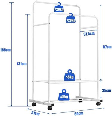 Rolling Clothes Rack, Metal Garment Rack with 2 Shelves, 2 Clothes Rods, for Shop Bedroom Dressing Room, White