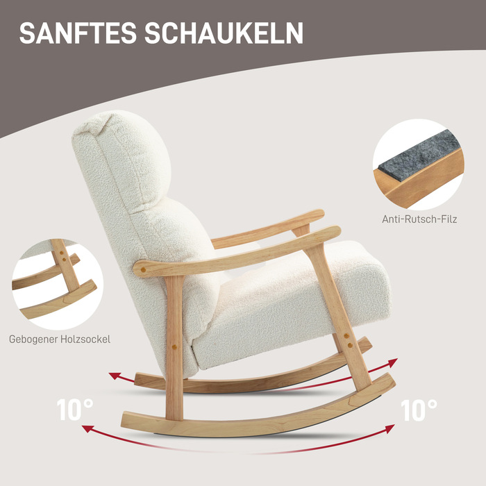 HOMCOM Rocking Chair, Ergonomic Swivel Chair, Armchair, Still Chair with Velvet-Look, Rocking Chair with a Load Capacity of 120 kg, for Bedroom, Living Room, Cream White | Aosom