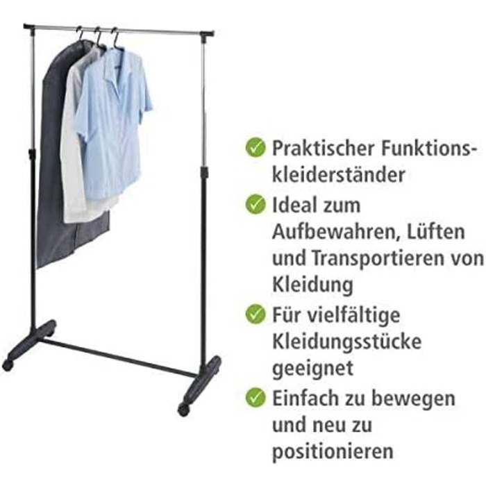 WENKO Clothes Rack, Folding, Clothes Storage with Adjustable Clothes Rail and Wheels, Plastic/Metal, 88 x 100-168 x 11-49 cm, Chrome/Grey (170 x 38 x 90 cm)