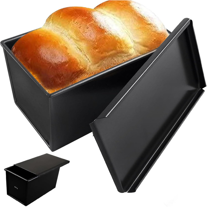 Baking sheet with lid, rectangular loaf pan made of aluminum steel with non-stick coating for bread, cake, and toast, bun baking pan multifunctional, lightweight, easy to release for baking and roasting. 19.6*10.6*11cm