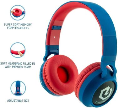 Дитячі навушники PowerLocus Bluetooth Over-Ear з LED-підсвічуванням та обмеженням гучності 85dB, з мікрофоном для телефону, планшета, ПК, ТВ (Синій/Червоний)