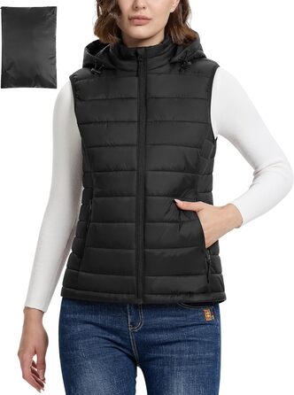 Стьобана жилетка Outdoor Ventures для жінок з капюшоном: тепла спортивна жилетка для походів, кемпінгу та велоспорту, чорна, розмір M