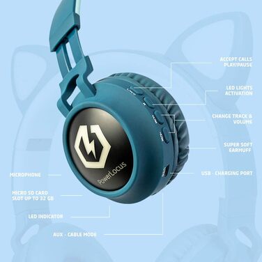 Дитячі навушники PowerLocus Bluetooth Over-Ear з обмеженням гучності 85dB, LED-підсвічуванням, складний дизайн, HD Stereo, мікрофон для телефону, планшета, ПК, TV (Синій)