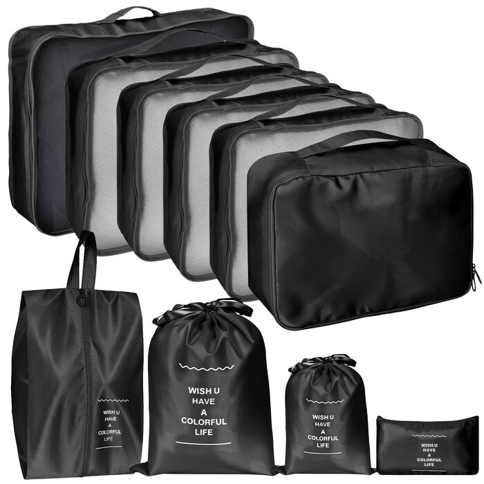 Органайзер для валізи Zorplex, набір 10 шт: кубики для пакування, аксесуари для подорожей, чохли для одягу, взуття та косметики (чорний)