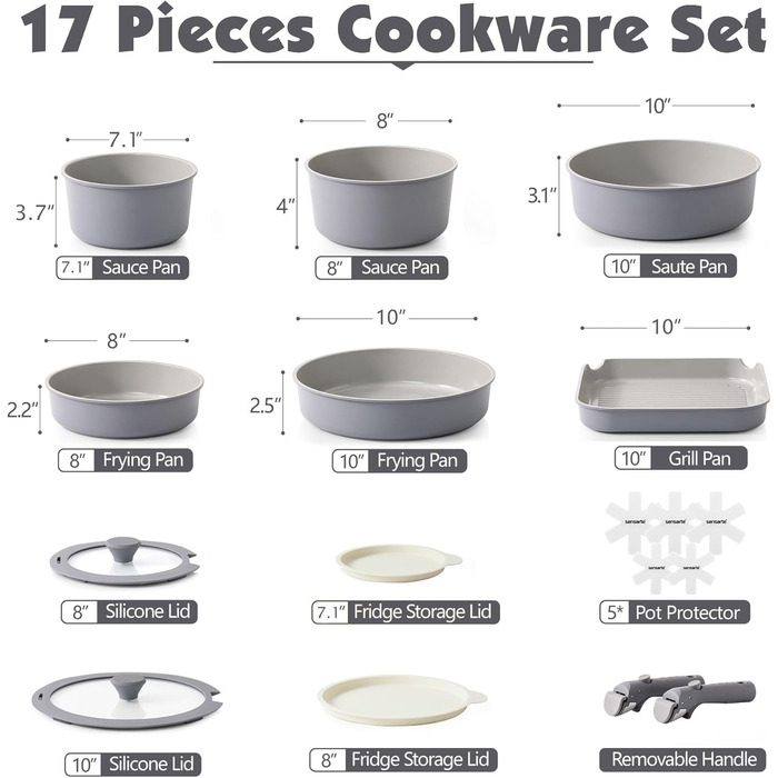 Набір посуду SENSARTE з керамічним покриттям (17 предметів) - антипригарне покриття, для всіх плит, безпечний, миється в посудомийній машині, можна використовувати в духовці