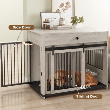 Кішка/песик: Дерев'яна будка для великих собак з ящиком, поворотна миска, сіра