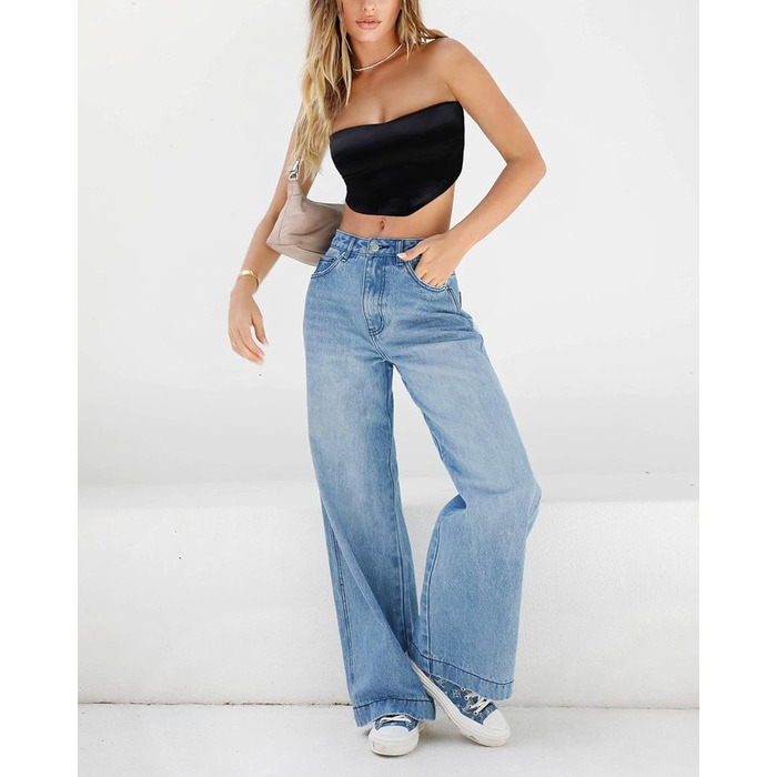 Джинси жіночі EMMIOL широкі прямі з середньою посадкою блакитні з ефектом потертості M