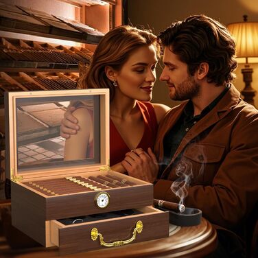 Герметичний вологомір для сигар | Humidor з вологоміром, виготовлений з порцелянового дерева, аксесуари, повний комплект аксесуарів | Для 20–70 сигар (Колір: чорне горіхове дерево)