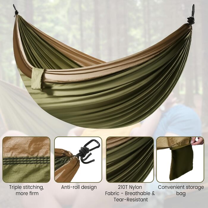 Гамак для двох осіб XXL 300x200 см – Складаний, ультралегкий, переносний. Міцний гамак для відпочинку на природі (300 кг) – ідеально для саду, кемпінгу, подорожей (мілітарі)