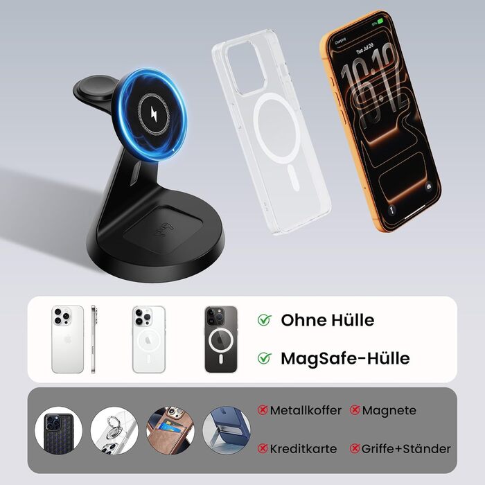 Зарядна станція JoyGeek 3-в-1 для Apple Watch, iPhone (MagSafe) та AirPods. Бездротовий зарядний пристрій для швидкої зарядки iPhone 12-15, iWatch Series 2-Ultra/SE, Airpods 2-4. Чорний.