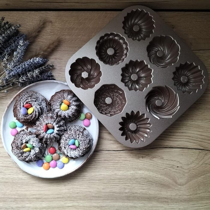 Форма для випікання 9 міні-кексів Bundt Patisse, алюмінієва, золота, 24x24x4,5 см