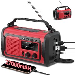 Радіо на сонячній батареї та ручному заводі Kurbelradio 27000mAh з SOS, Bluetooth, Powerbank та ліхтариком для кемпінгу та активного відпочинку (Червоний)