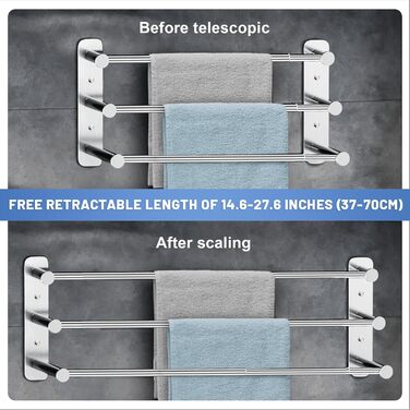 Тримач для рушників Lannvan без свердління, висувний 37-70см, нержавіюча сталь, для ванної кімнати та кухні, 2 способи встановлення, сріблястий