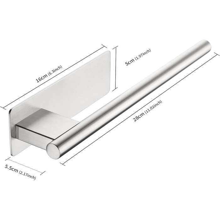 Тримач для рушників без свердління, на клейкій основі, 28 см, нержавіюча сталь, срібляний, односторонній