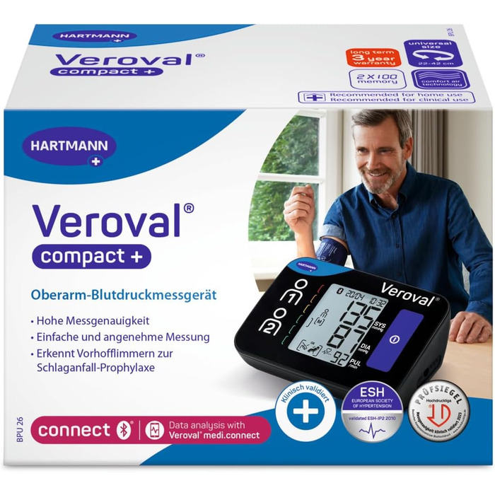 Veroval Compact + Тонометр на плечі BPU 26: виявлення фібриляції передсердь (AFib), передача даних у додаток, Bluetooth