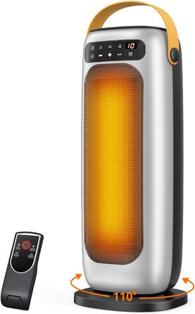 Електричний обігрівач PTC керамічний 1500W з пультом, 4 режими, осциляція 110°, таймер 1-10 год, захист від перегріву та перекидання. Компактний обігрівач для дому (сріблястий)