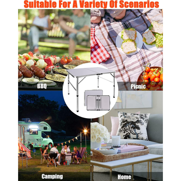 Складний столик для пікніка, 90 см, алюміній, регульована висота, легкий, для кемпінгу та саду (90 x 60 x 37/67 см)