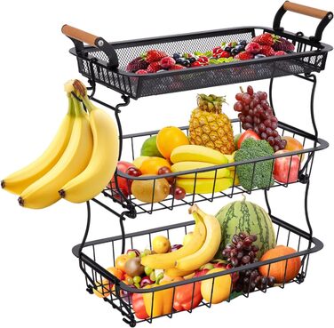 Металевий фруктовий кошик на 3 яруси з підставкою для бананів - чорний | Для кухні, обідньої зони, комори