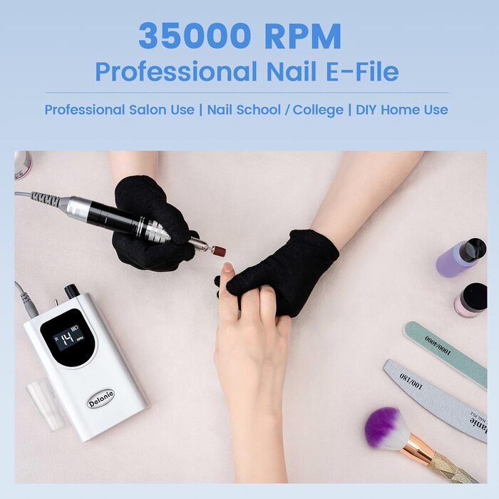 Електричний нагліфрезер Delanie 35000 об/хв для акрилових та звичайних нігтів - акумуляторний, з набором свердел, регулювання швидкості та напрямку (білий)