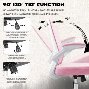 Ергономічне крісло для офісу та дому з регульованими підлокітниками, підтримкою попереку, регульованою висотою та спинкою, що нахиляється до 130°, рожеве