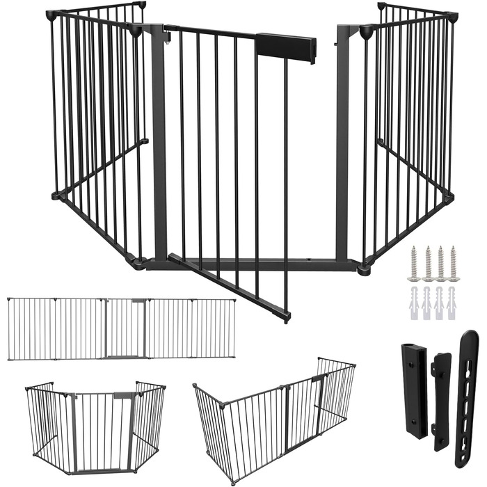 Захисний сітковинний бар'єр для каміну, 310 см, металевий, з дверцятами, білий/чорний