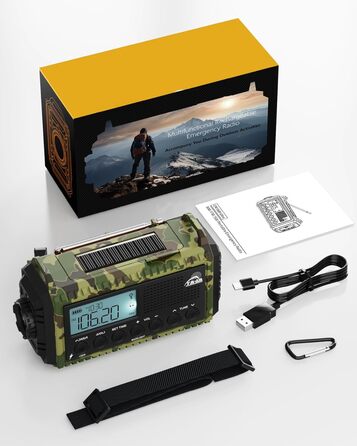 Радіо Kurbelradio на сонячній батареї та з ручкою, 12000mAh, AM/FM/SW, USB-зарядка, SOS-сигнал, ліхтарик, для кемпінгу та надзвичайних ситуацій, зелений камуфляж