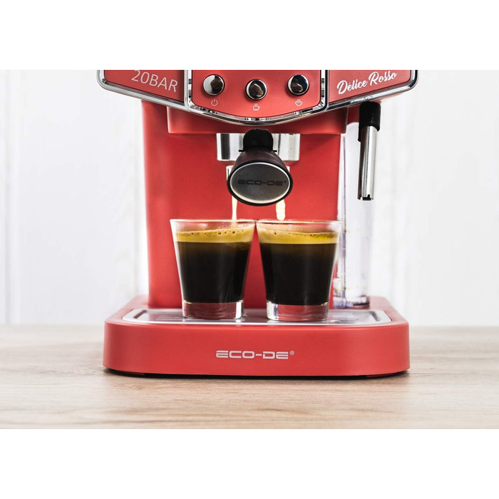 ECODE® Espresso Machine Delice Black, 20 Bar Pressure, Swivel Vaporizer - Machine with 1.5 L Tank, Milk Frother, Single/Double Dosing, Manometer with Temperature - Coffee Machine (Rosso)