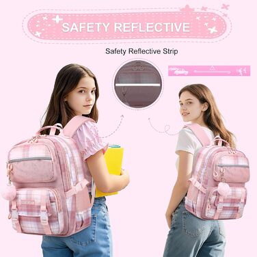 KEBEIXUAN Рюкзак для дівчинки, шкільна сумка 1-5 клас, дихаючий рюкзак з помпоном, фіолетовий + ланч-бокс + пенал (рожевий)