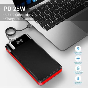 Power Bank 26800mAh з LED-дисплеєм, швидкою зарядкою QC 22.5W та USB C PD 25W, 5 виходами та 2 входами для телефонів, планшетів, кемпінгу та подорожей