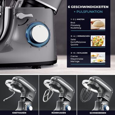 Fentic 2000W Stand Mixer - Stainless Steel Bowl (6.2L) - Kitchen Machine with Dough Hook, Beater, Whisk & Splash Guard - Includes Accessories - Anthracite