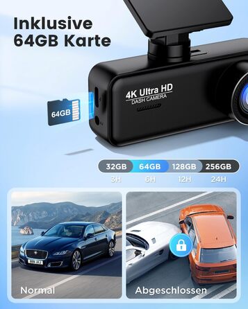 Відеореєстратор SIGRILL Dashcam Auto 4K+1080P з Wi-Fi, двоканальний, з карткою 64GB, нічне бачення, паркувальний режим, G-сенсор, запис по колу, підтримка до 256GB