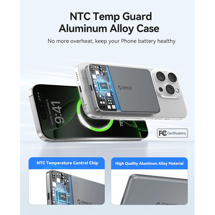 Power Bank Orico Kada Magsafe 5000mAh з USB-C, Магнітний, 20W PD, для iPhone 16/15/14/13/12 (Сірий)