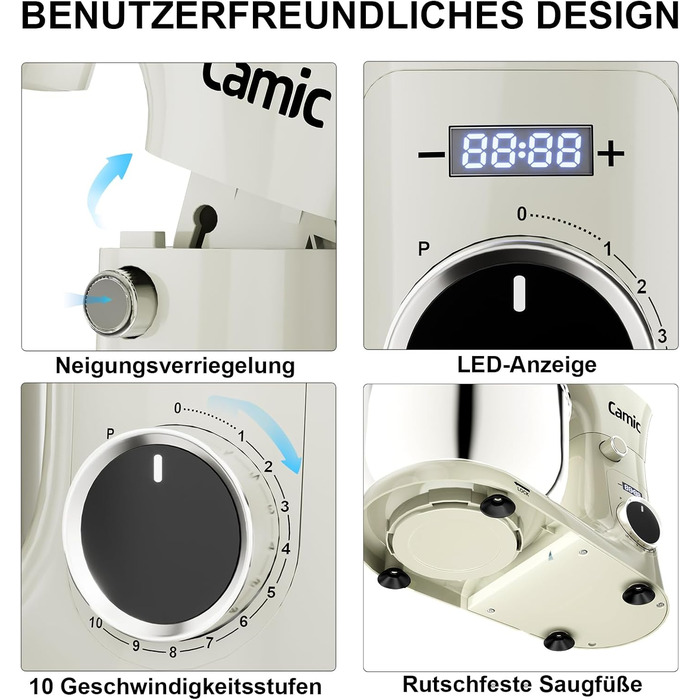 Кухонна машина Camic з 3 насадками (гак, міксер, вінчик), планетарний міксер з LED-дисплеєм, 10 швидкостей, 2 чашами з нержавіючої сталі 4Л та 5Л, для тіста, хліба, піци та тортів (Білий)