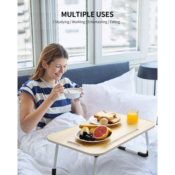 Складаний столик для ноутбука, портативний столик на колінах, приліжковий столик, підставка для ноутбука з тримачем для напоїв та слотом для планшета (Рожевий, Дерево)