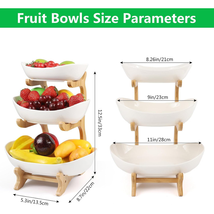Керамічна етажерка для фруктів Dreamhigh® з 3 ярусами, економна та стійка, сучасна фруктова та овочева миска з бамбуковою підставкою