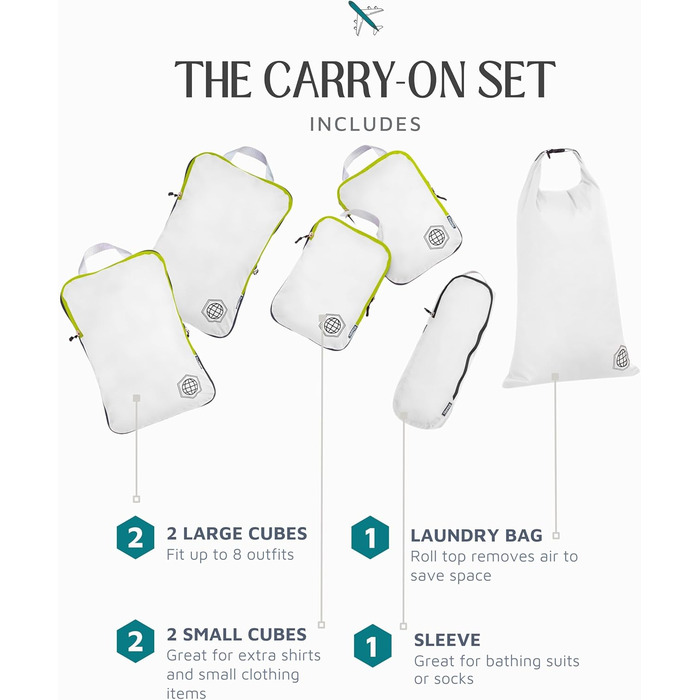 Набір кубиків для пакування TRIPPED Travel Gear: 6 шт. для подорожей, білий та зелений