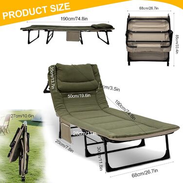 Розкладне ліжко-крісло для кемпінгу з матрацом, 6 положень спинки, ліжко для риболовлі, Outdoor ліжко XXL, 65x190x30 см, 1-місне, для відпочинку на природі