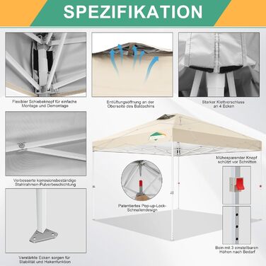COBIZI Folding Gazebo 3x3, 3x3 Gazebo Waterproof Stable One Push UV Protection Outdoor Party Tent Corrugated Eaves Event Tent Tent Garden Gazebo Pavilion Folding 3x3m With Carry Bag, (Khaki, 3x3 Regular)