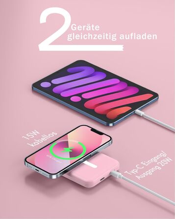 Power Bank MagSafe 5000mAh для iPhone (Рожевий): Швидка зарядка 20W, Type-C, сумісний з iPhone 17/16/15/14/13/12