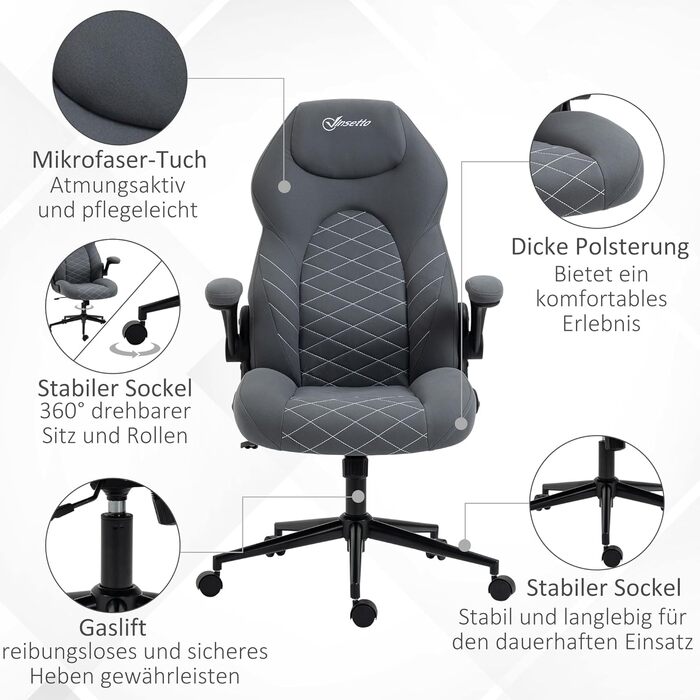Крісло офісне Vinsetto, ергономічне, комп'ютерне з регульованими підлокітниками та функцією гойдання, м'яке крісло, мікрофібра, темно-сіре