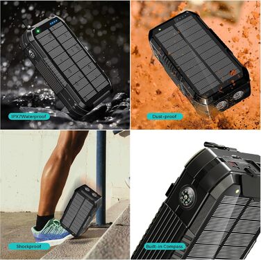 Портативний зарядний пристрій Solar Powerbank 70000mAh з сонячною панеллю, PD 30W, USB-C, 3.0A, інтегрованим кабелем, бездротовою зарядкою 15W, ручним генератором, LED-індикаторами, ліхтариком, для смартфонів, чорний