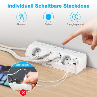 Мережевий адаптер PD 20W з плоским штеплером, розетка FDTEK на 4 слоти з індивідуальним вимикачем, 4000W, 16A, USB-C, розетка для столу з вимикачем, настільна розетка з кабелем 2м (білий)