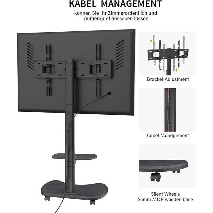 Підставка для телевізора Stellar на коліщатках з полицею, регульована по висоті та поворотна. Підходить для телевізорів 32-70 дюймів, до 45 кг, універсальна, VESA 600x400, білий (чорний)