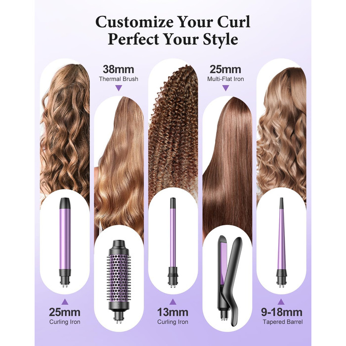 BESTOPE PRO Локкенстаб: Набір для створення локонів 5 в 1 з плойкою, термощіткою, 3 локкенстабами (9мм-25мм) для великих локонів, 13 температур, керлер для волосся з термозахисним покриттям, рукавичка, затискач, колір Nordlicht Lila