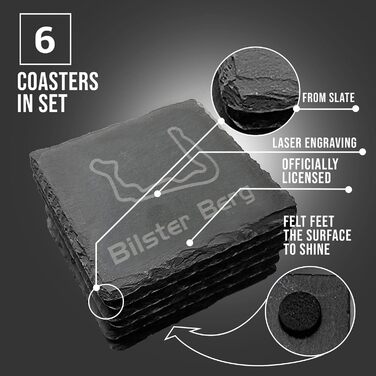 Nürburgring Coasters for Drinks, 6-Piece Set of Slate Coasters, for Home and Dining Room, Decoration, Racing Fans (Bilster Berg)
