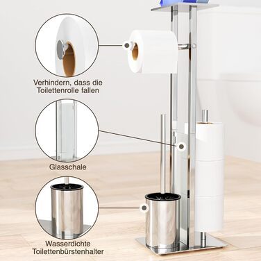 Stainless Steel Toilet Paper Holder with Brush & Shelf - Freestanding Toilet Roll Dispenser with Cover & Tray (Silver)
