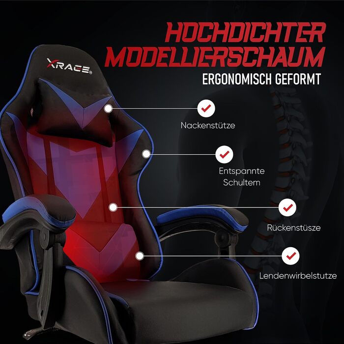Ігрове крісло xRace Gaming: ергономічний офісний стілець з PU-шкіри та підтримкою попереку, синій (без підніжки)